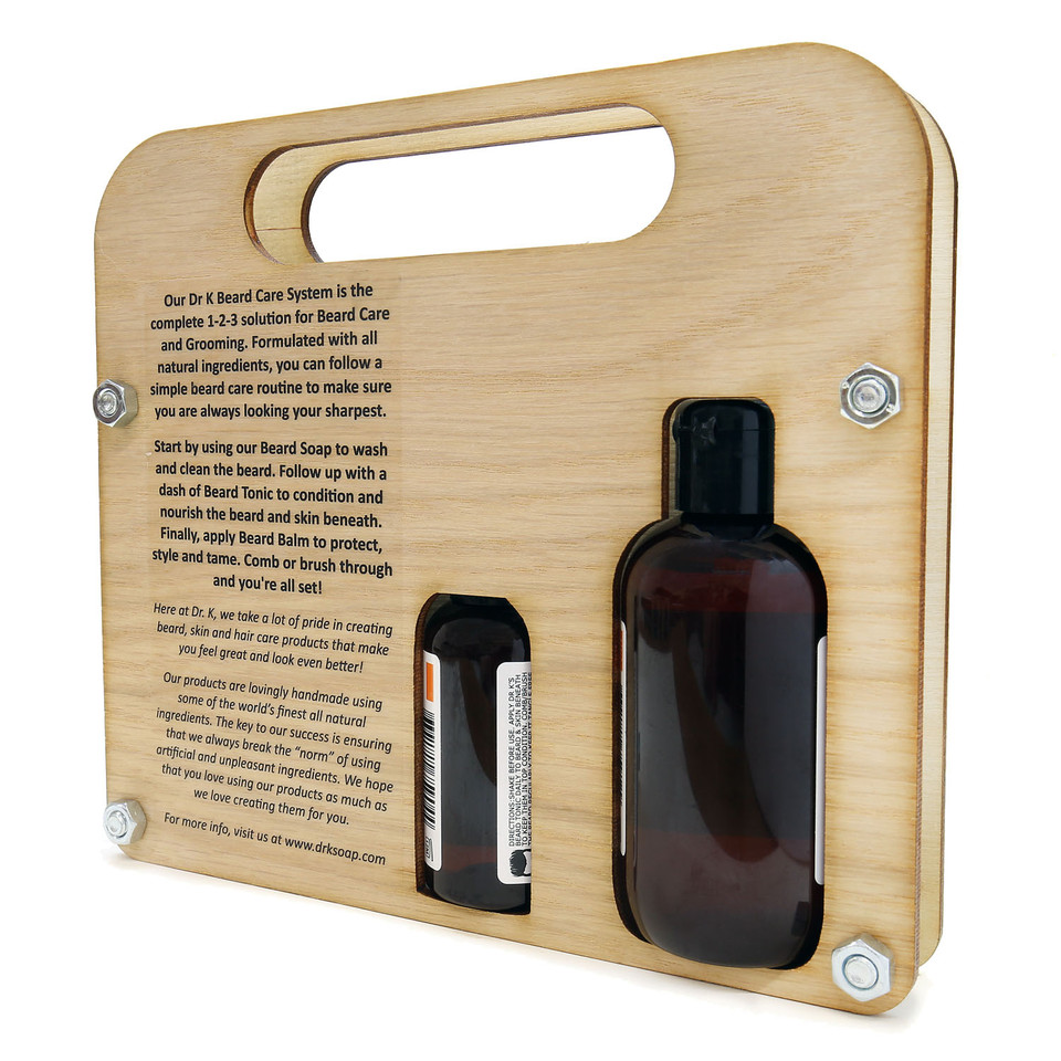 Sistema para barba Dr K Beard Care com frascos em vidro âmbar e embalagem de madeira
