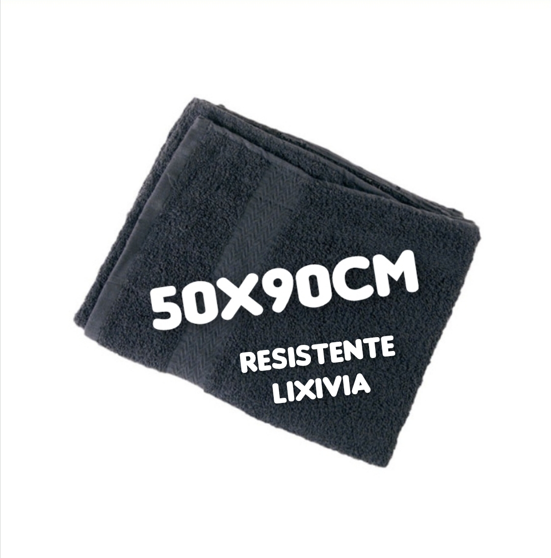 Toalha preta dobrada com texto 50x90CM resistente lixívia
