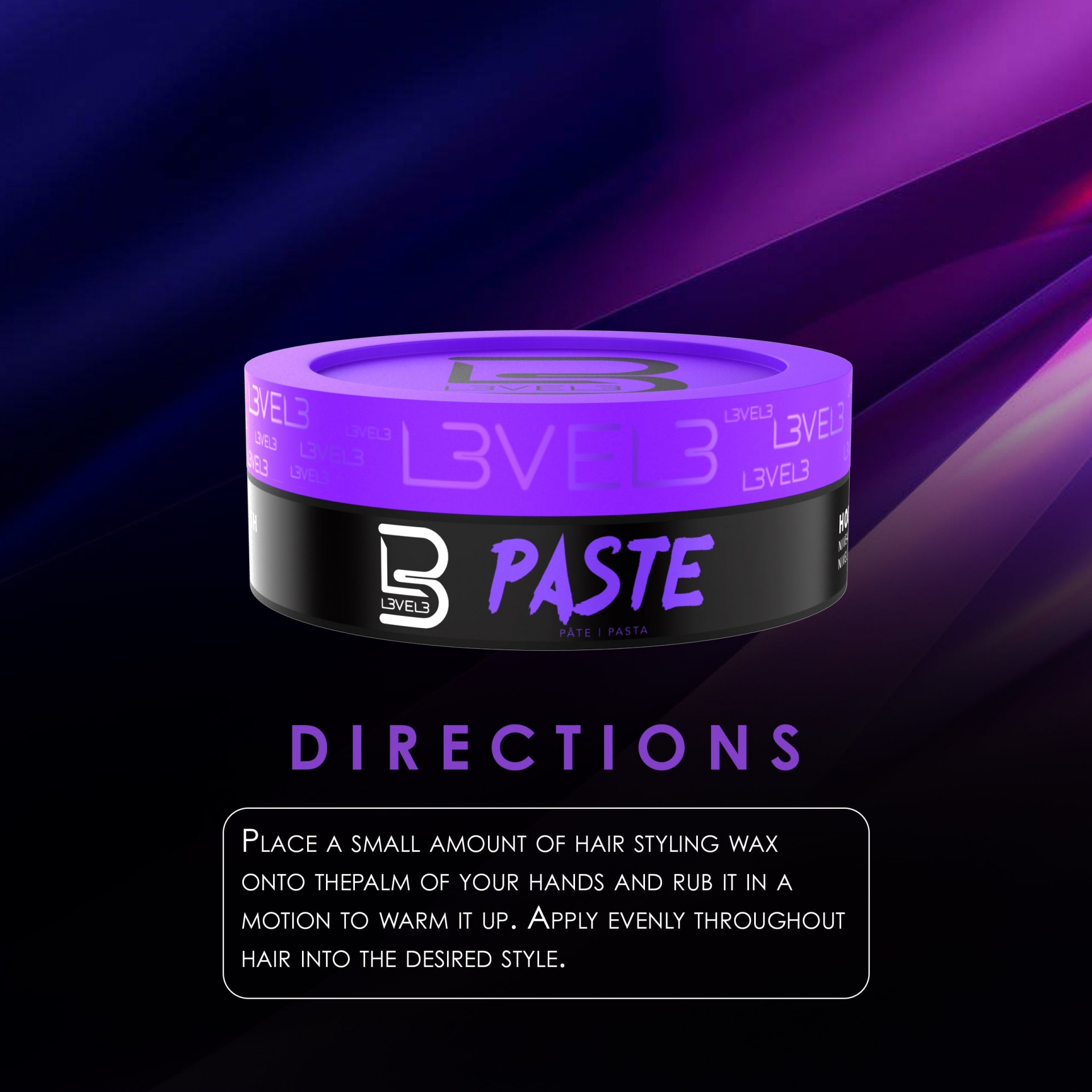 Recipiente de pasta para cabelo LEVEL3 PASTE com instruções em fundo roxo.