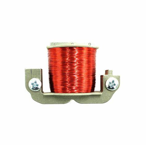 Bobina de fio de cobre esmaltado num suporte metálico com parafusos