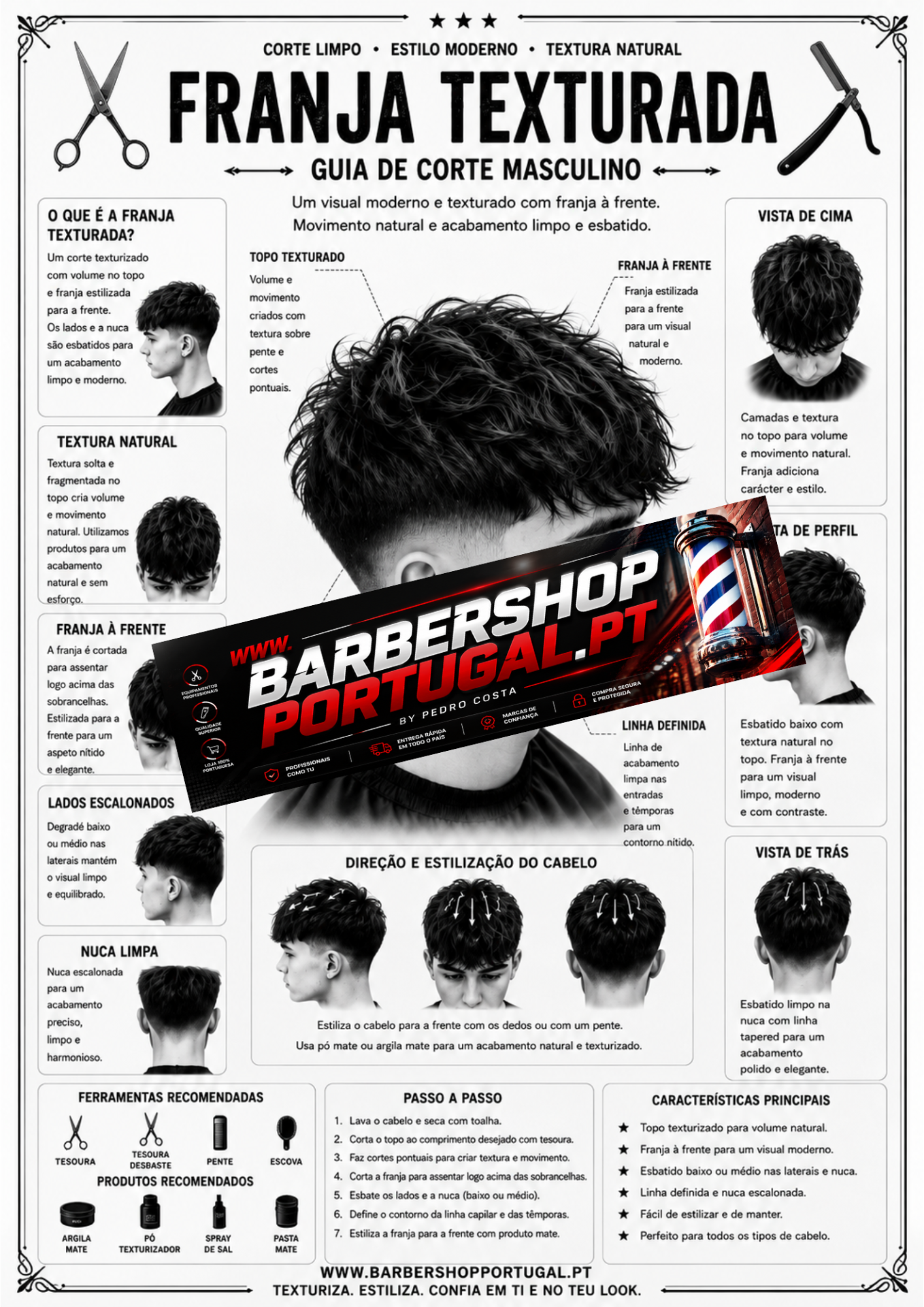 Guia de corte masculino para franja texturada com imagens e texto explicativo em português