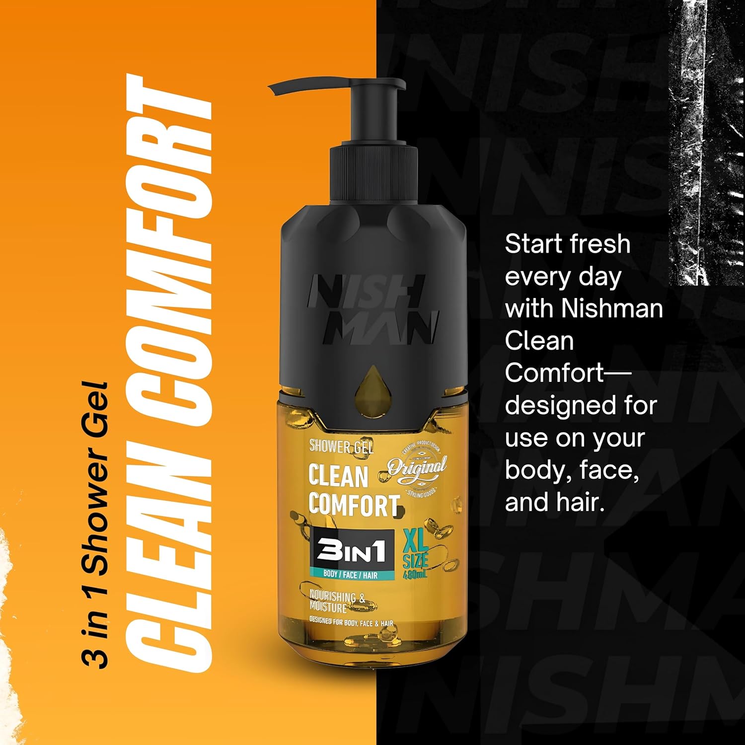 Gel de banho Nishman Clean Comfort 3 em 1 com doseador preto