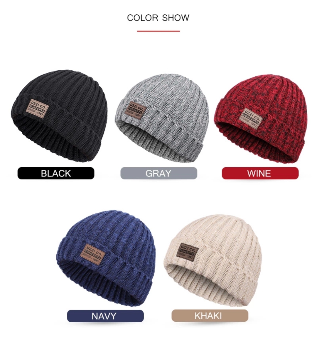 Cinco gorros de malha canelada de cores diferentes com etiquetas de tecido castanho