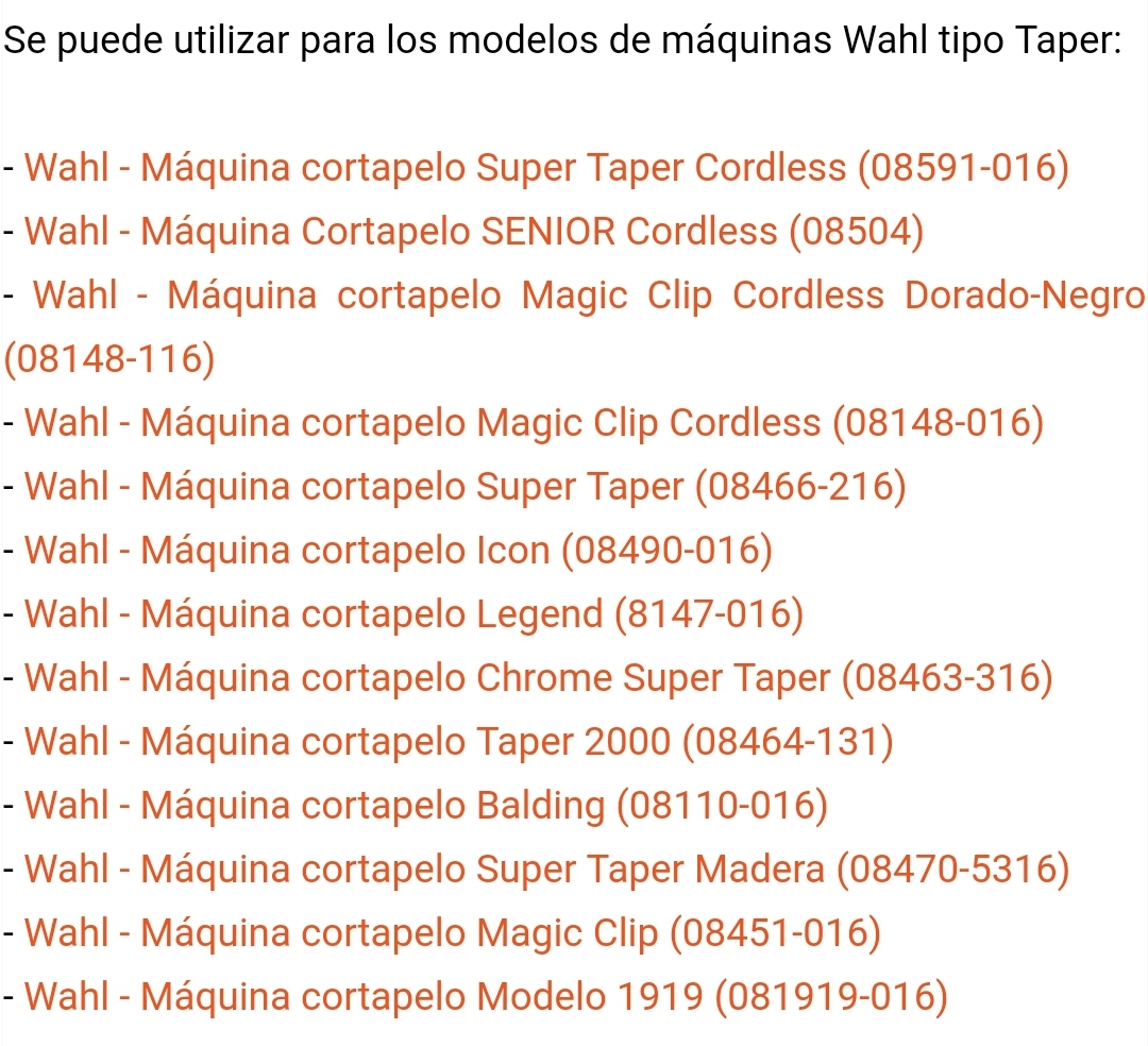 Lista de modelos de máquinas Wahl tipo Taper com códigos
