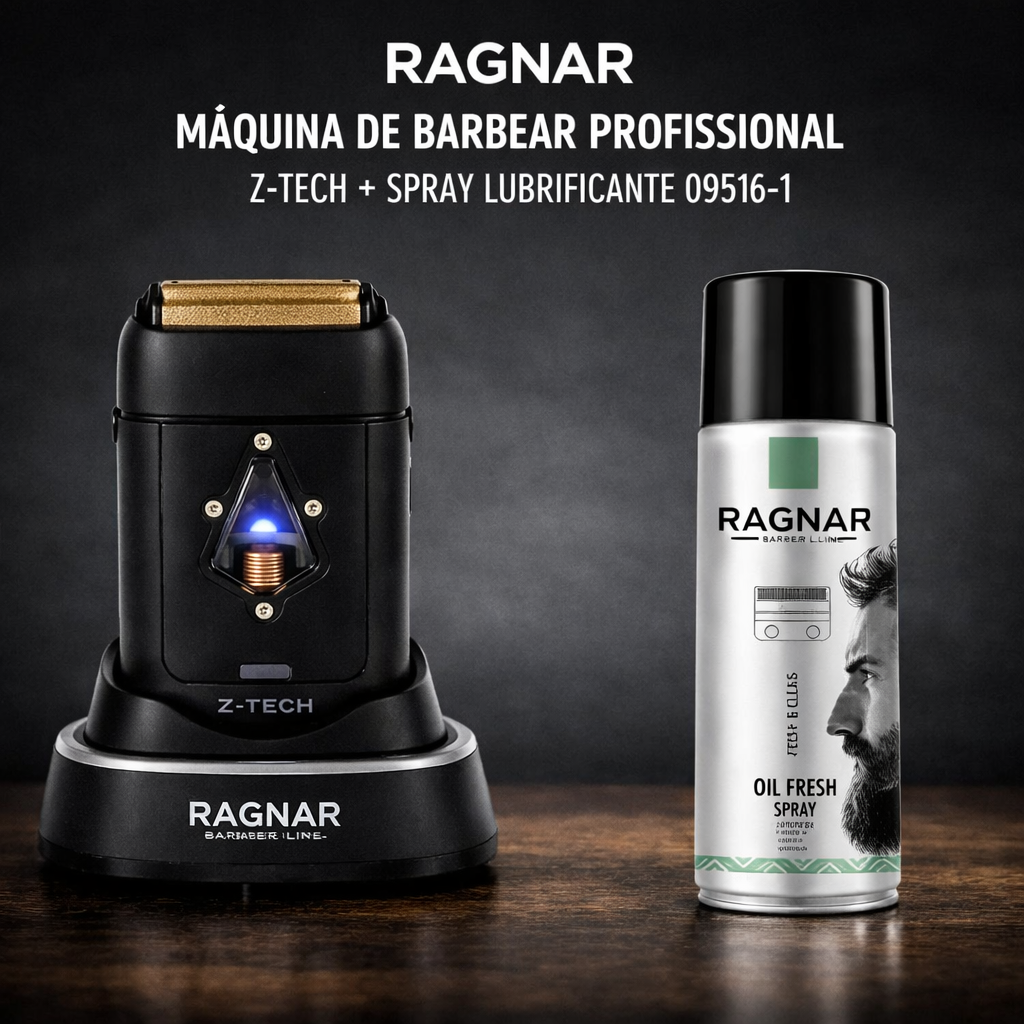 Máquina de barbear profissional Ragnar preta com spray lubrificante prateado sobre mesa de madeira.