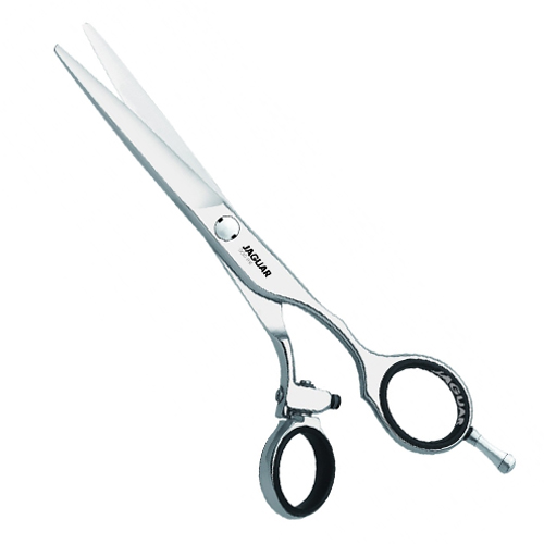 Tesoura de corte de cabelo prateada com texto JAGUAR