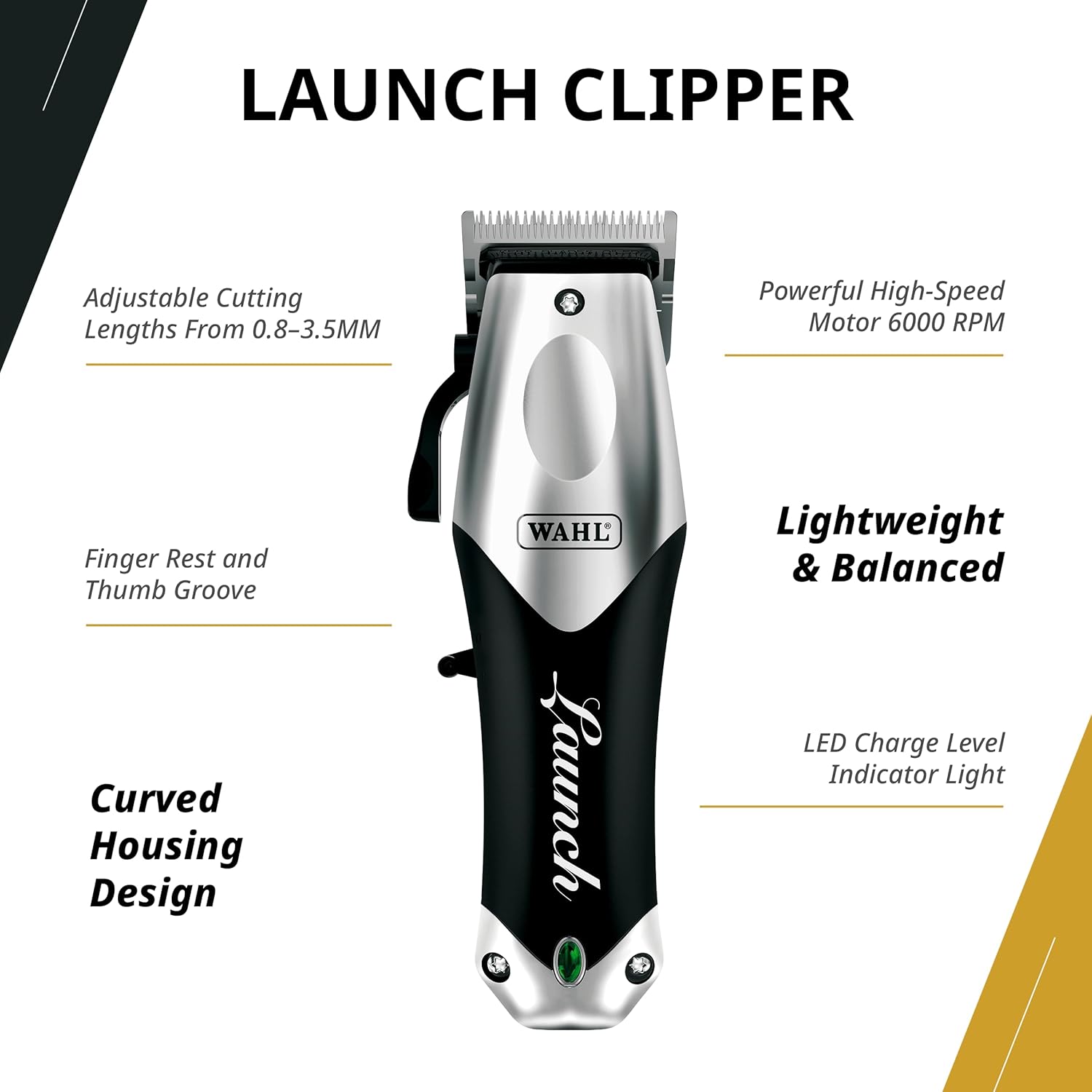 Máquina de cortar cabelo elétrica WAHL Launch Clipper preta e prateada com indicador LED