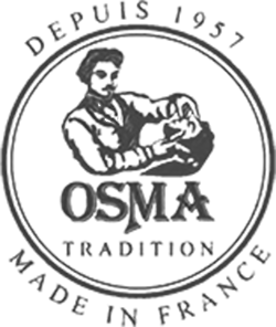 Logotipo circular OSMA TRADITION feito em França com texto e figura de homem