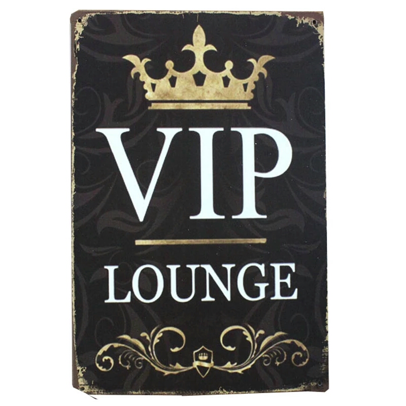 Placa decorativa VIP Lounge em metal com coroa dourada