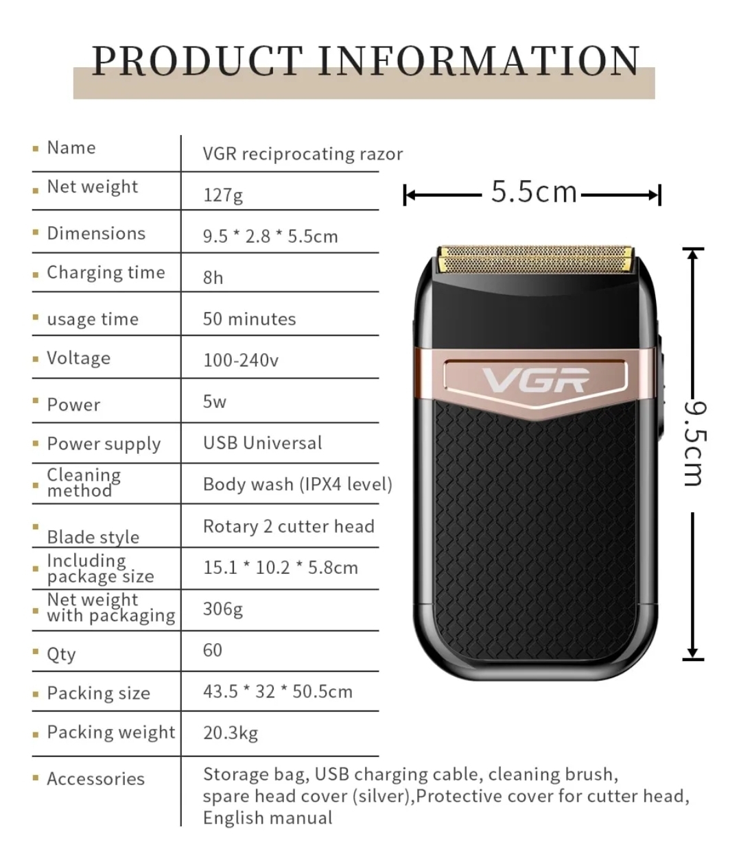 Aparador de barbear VGR preto com detalhes dourados e rosa, e tabela com especificações técnicas ao lado