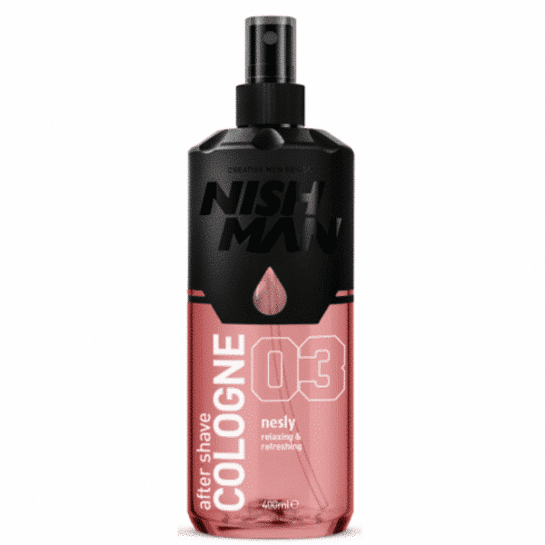 Frasco de colónia after shave NISH MAN preto e rosa com texto