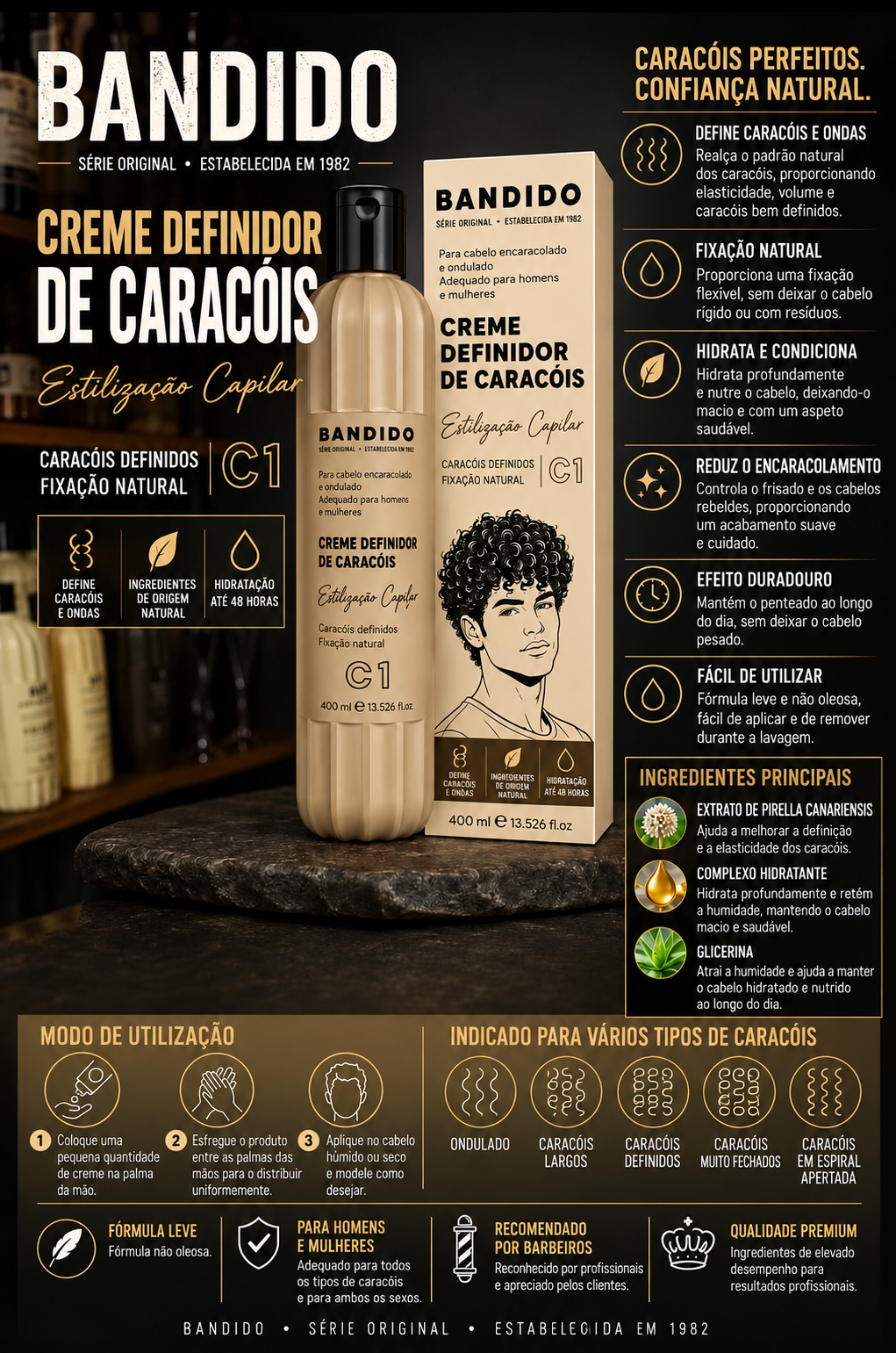 Creme definidor de caracóis Bandido C1 em embalagem bege com caixa ilustrada