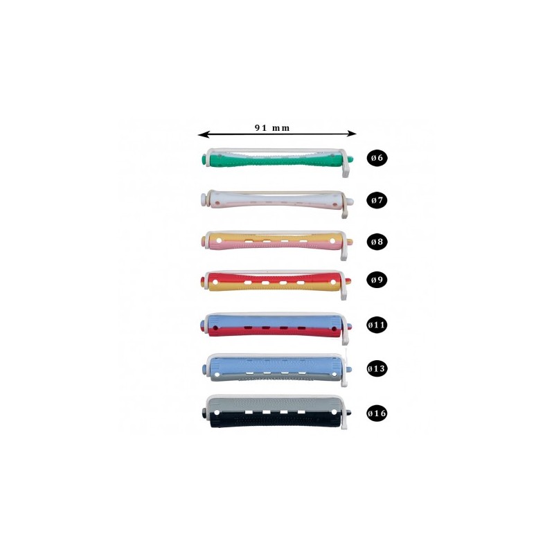 Sete rolos de cabelo coloridos com 91 mm de comprimento, numerados de 6 a 16