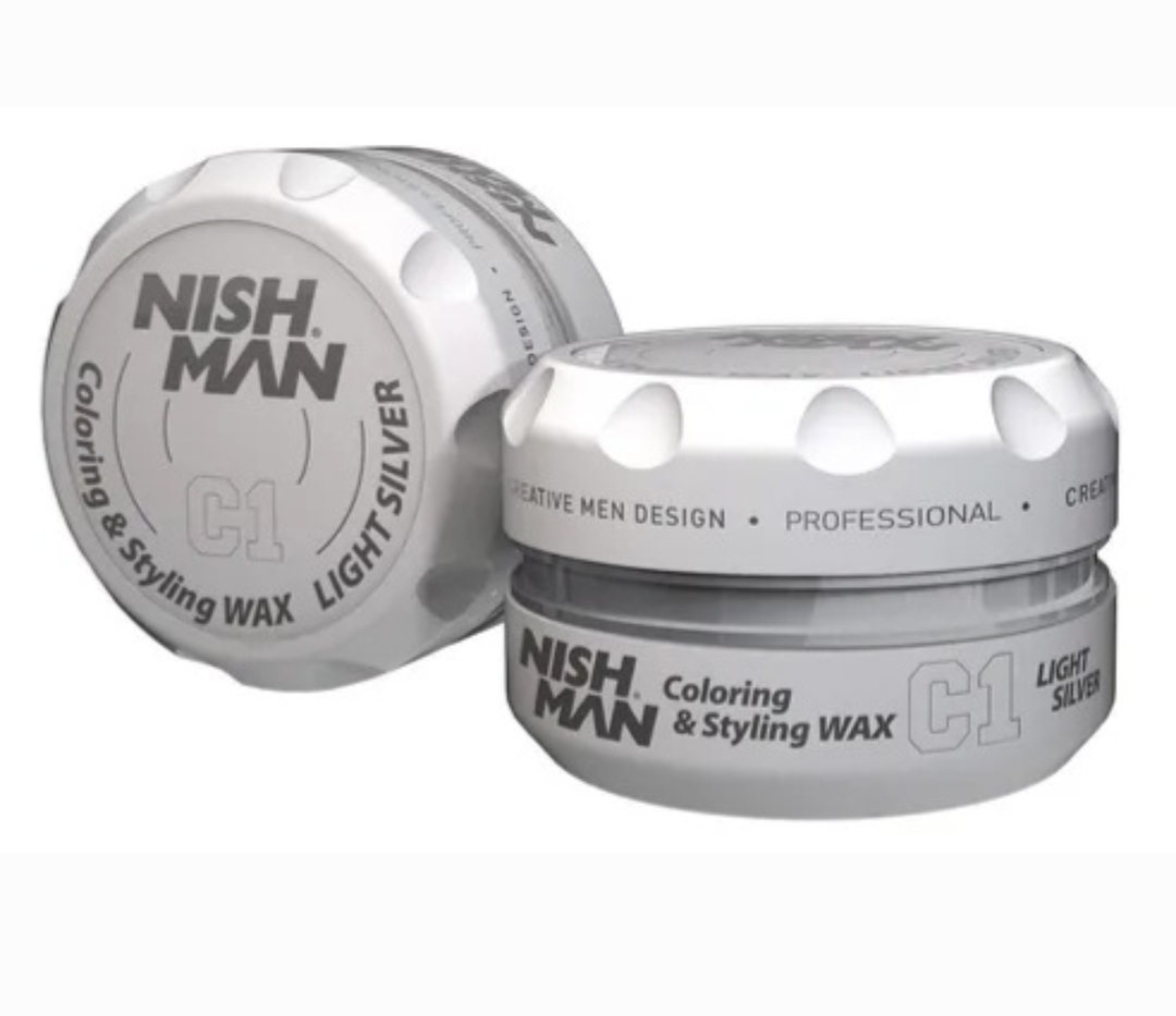 Cera de cabelo NISH MAN Light Silver em embalagem redonda cinza e branca