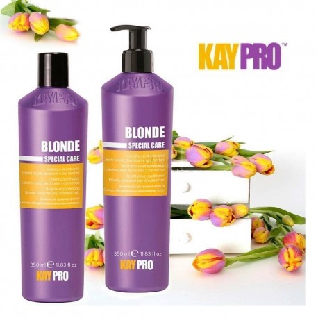 Dois frascos roxos KAYPRO Blonde Special Care com rótulo amarelo e branco e tulipas amarelas e roxas