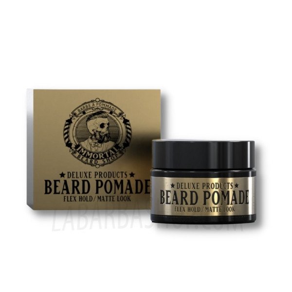 Pomada para barba com embalagem e frasco dourado e preto, texto e logótipo distintos