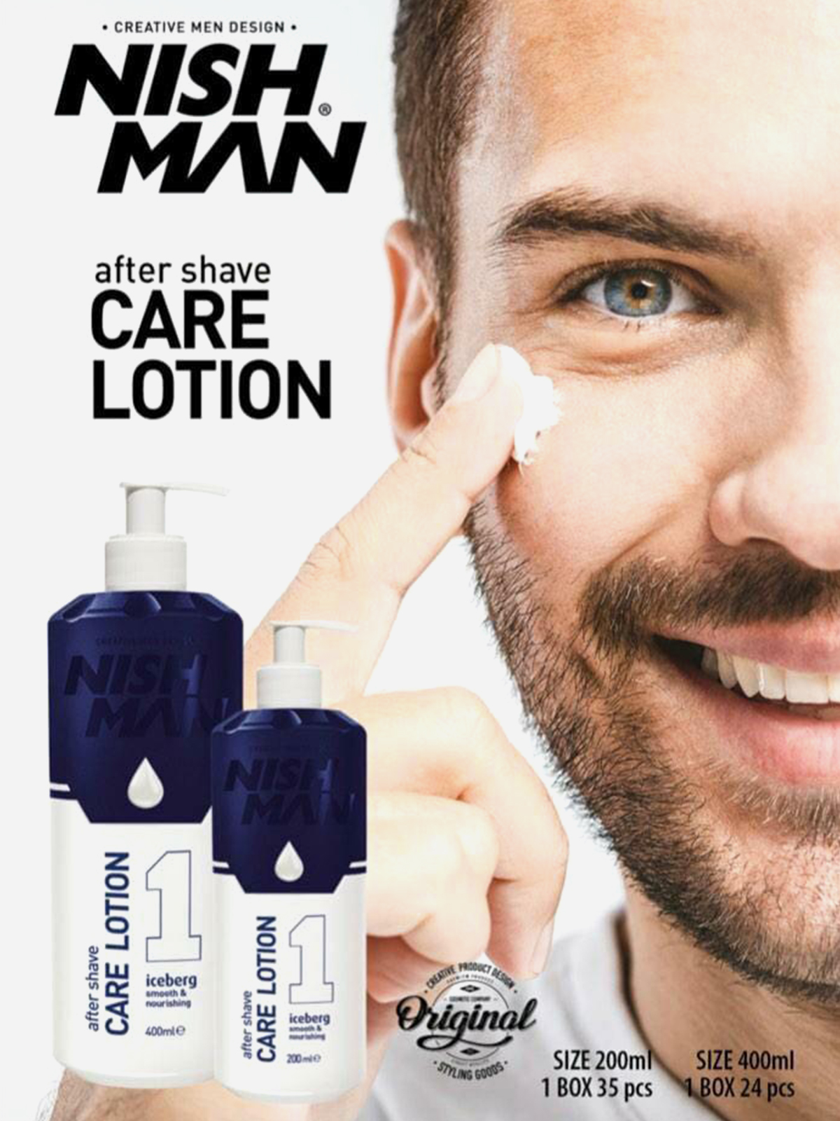 Loção pós-barbear Nish Man em embalagens azul e branco com homem aplicando no rosto