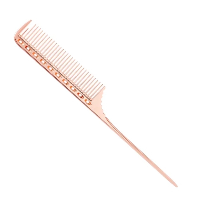 Pente metálico rose gold com dentes duplos e cabo longo fino