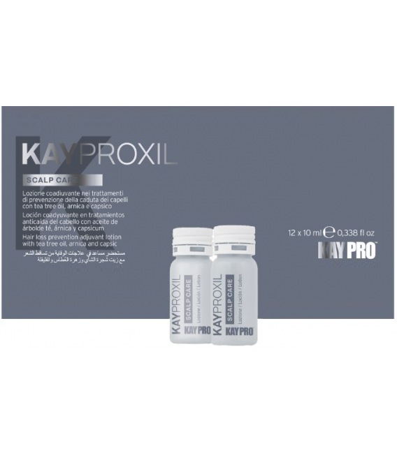 Ampolas pequenas brancas do produto KAYPRO KAYPROXIL SCALP CARE com texto contra fundo cinza azulado