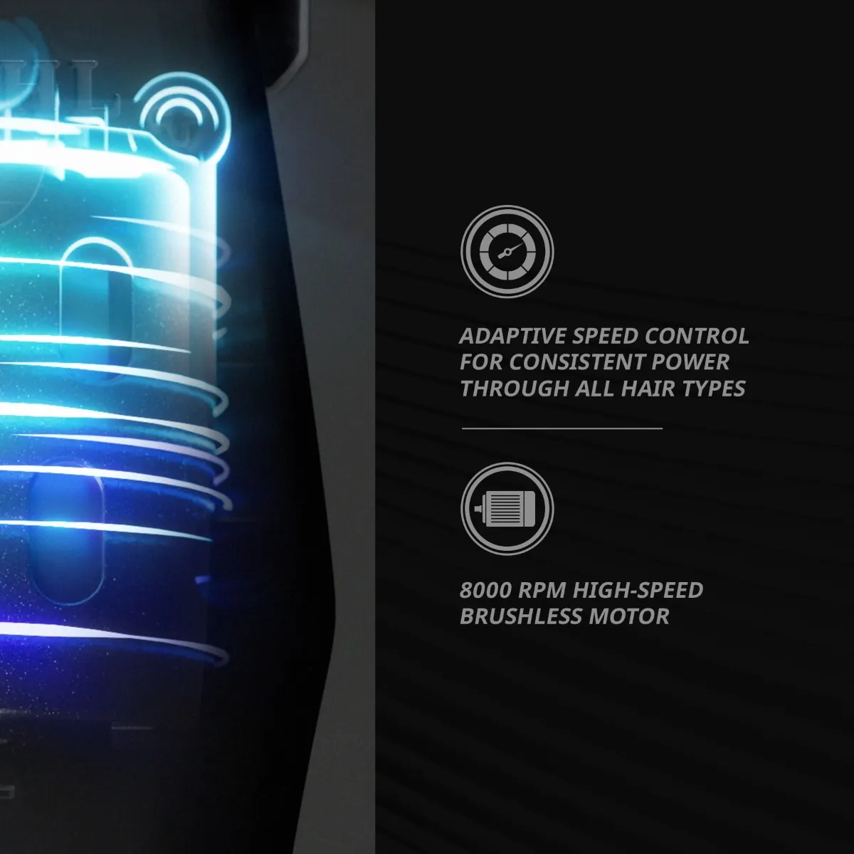 Visão detalhada de motor eletrônico com texto descritivo sobre controlo de velocidade e motor brushless