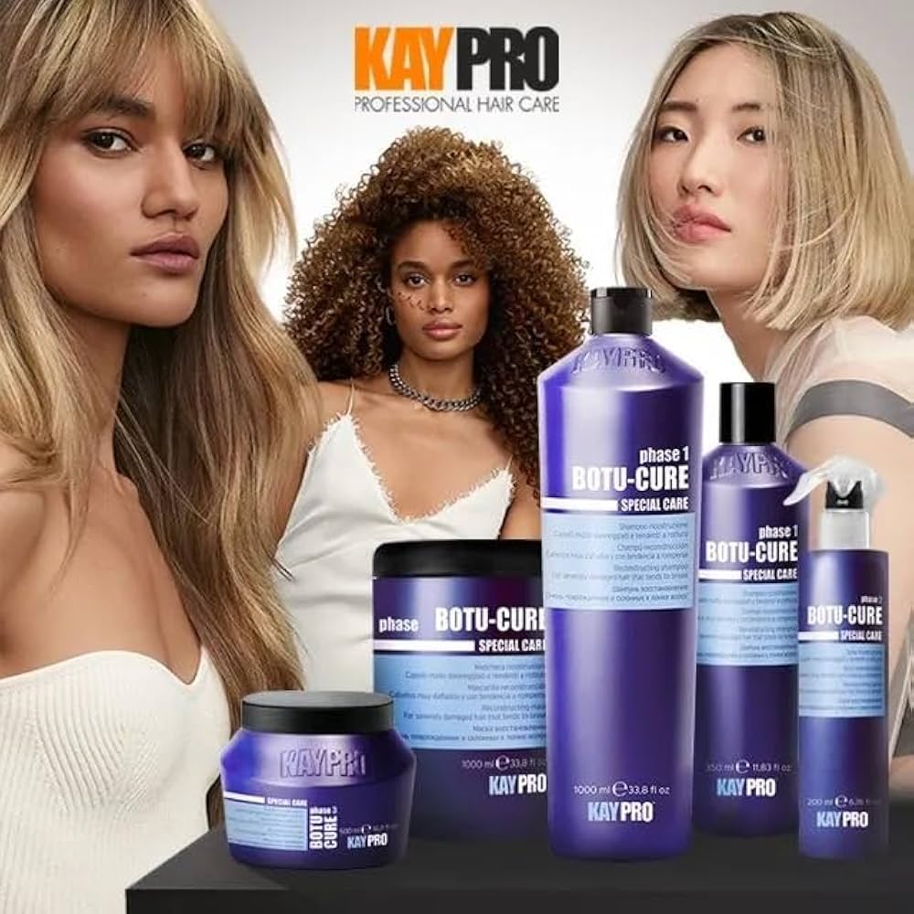 Produtos KAYPRO BOTU-CURE para cabelo com três mulheres ao fundo