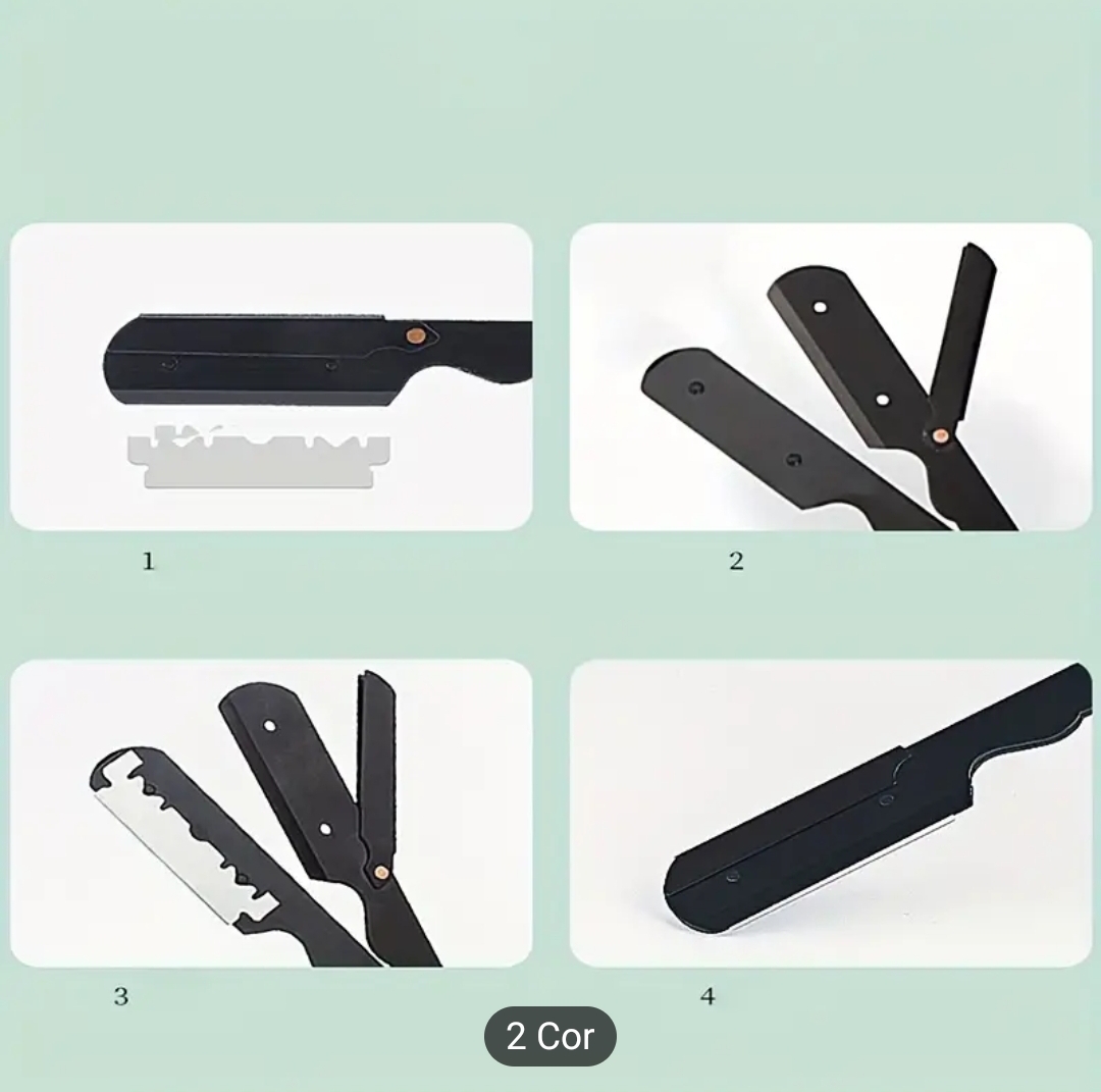 Navalha de barbear com lâmina metálica e cabo preto exibida em quatro imagens distintas