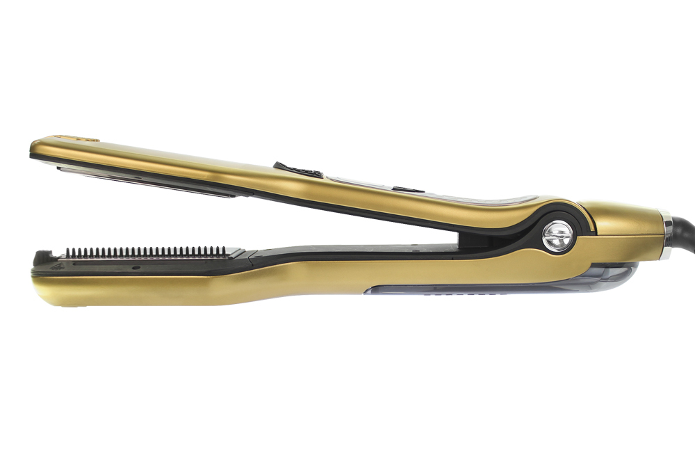 prancha alisadora de cabelo dourada com pente preto