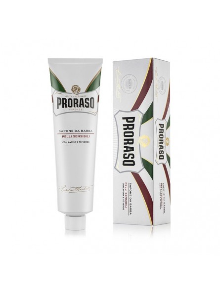 Tubo e caixa branca de sabonete para barbear Proraso com detalhes verdes e vermelhos