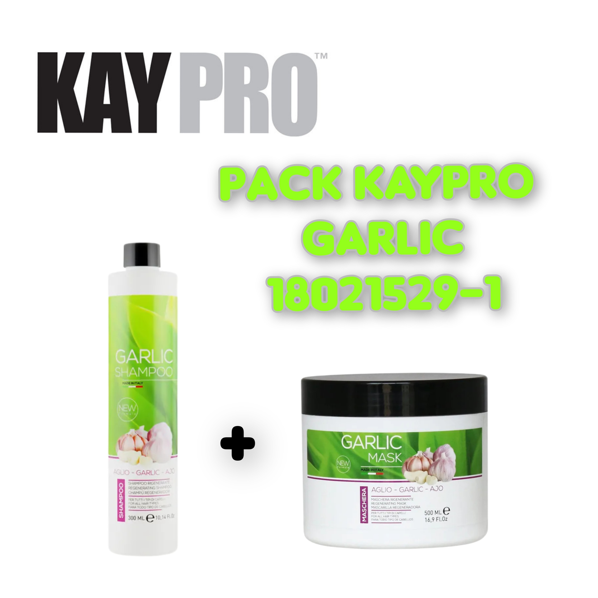 Pack de shampoo e máscara para cabelo Kaypro Garlic com imagens de alho nas embalagens