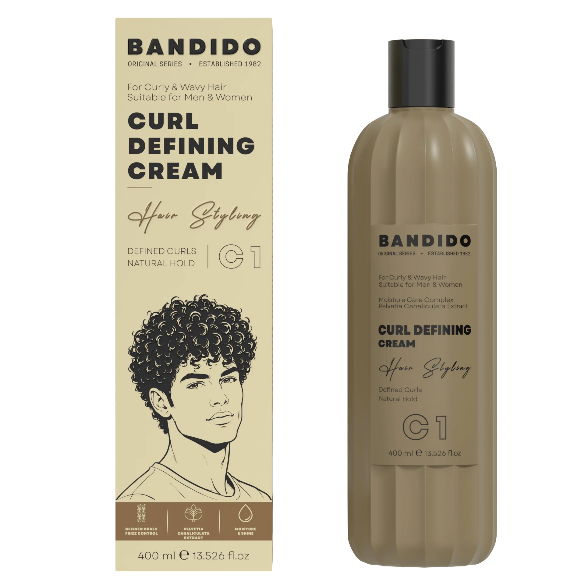 Creme para definição de caracóis Bandido Original Series com embalagem amarela e castanha e ilustração de homem com cabelo cacheado