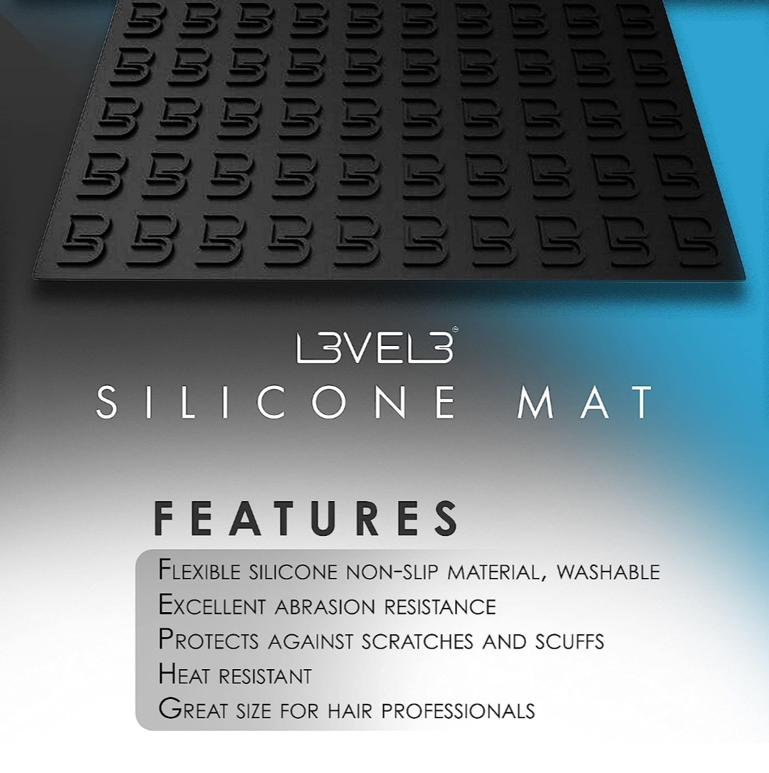 Tapete de silicone preto com padrão de letras B sobre fundo azul e branco