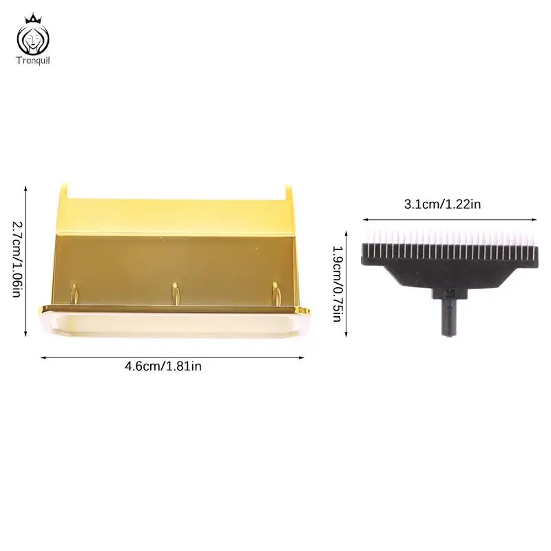 Peças de aparador de cabelo amarela e preta com dimensões visíveis sobre fundo branco