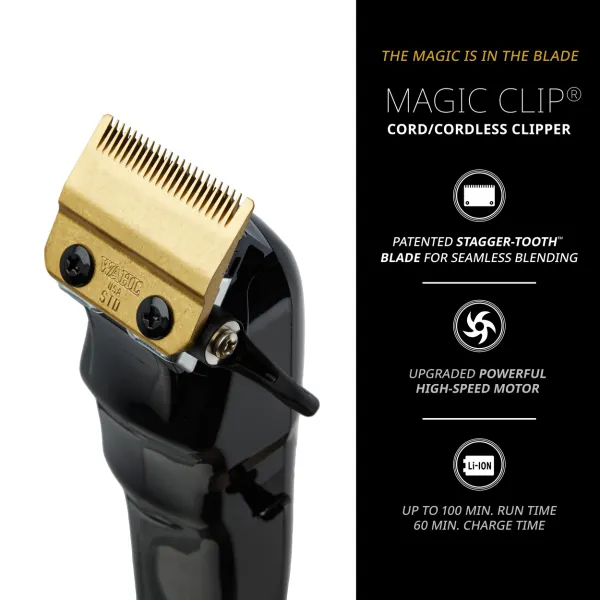 Máquina de cortar cabelo Magic Clip com lâmina dourada e corpo preto