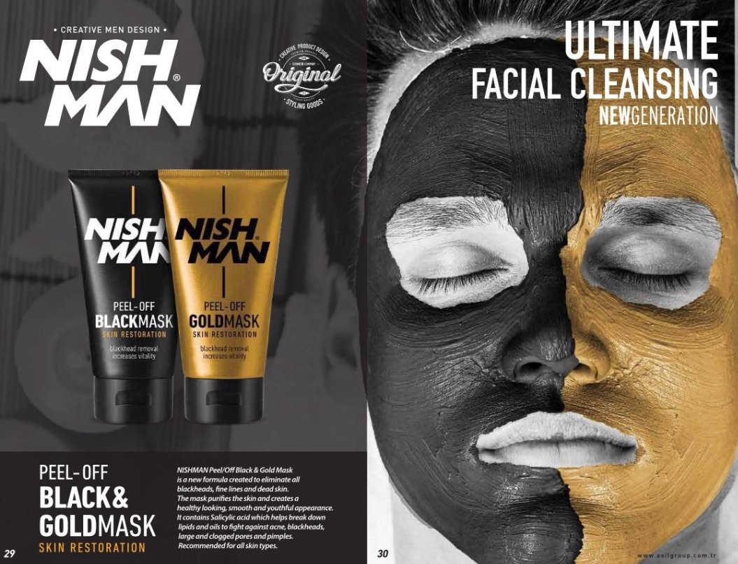 Produtos NISH MAN Peel-off Blackmask e Goldmask e rosto masculino com máscara preta e dourada