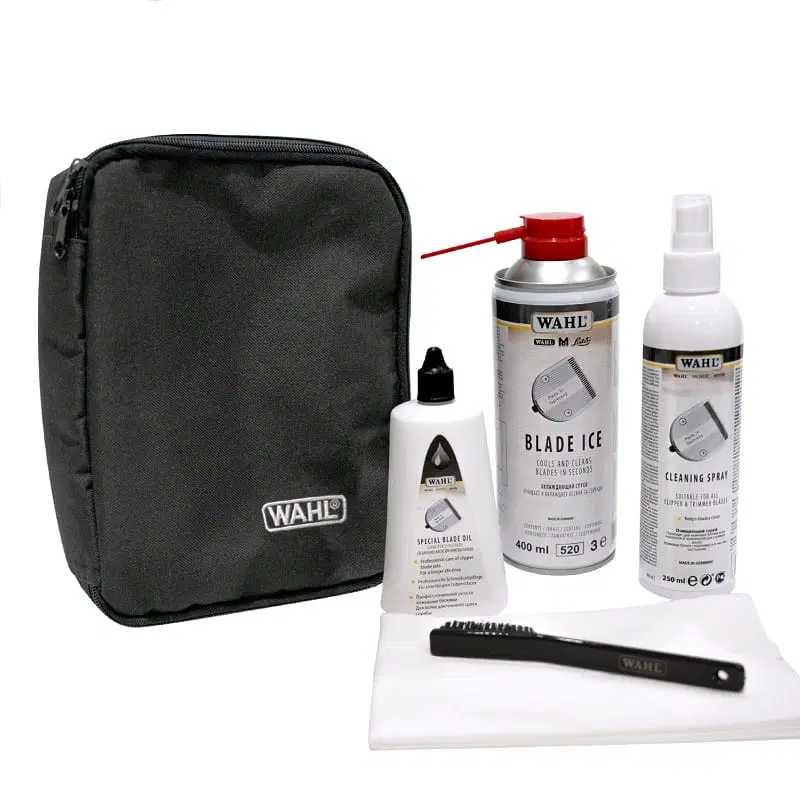 Kit de manutenção Wahl com bolsa preta, óleo, spray Blade Ice, spray de limpeza, escova e pano branco