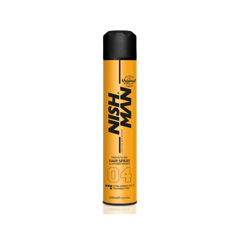 Frasco amarelo com tampa preta de laca para cabelo NISH MAN