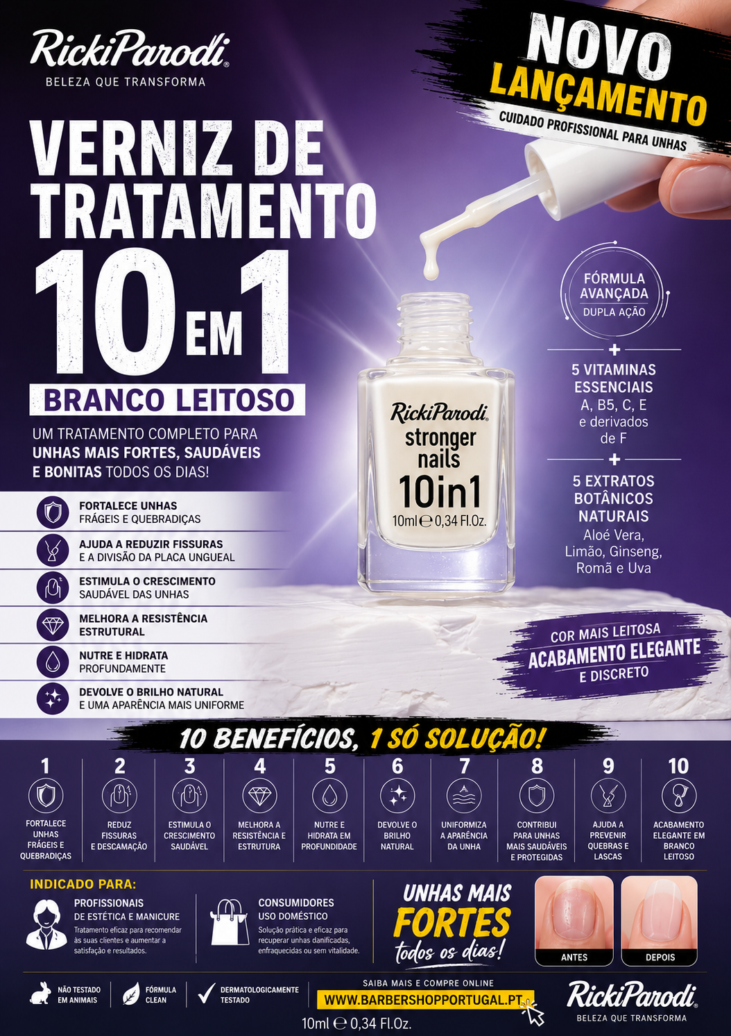 Verniz de tratamento para unhas 10 em 1 branco leitoso RickiParodi em frasco transparente com tampa branca