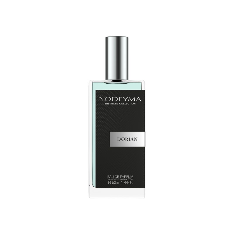 Frasco de perfume Yodeyma Dorian com líquido azul claro e etiqueta preta.