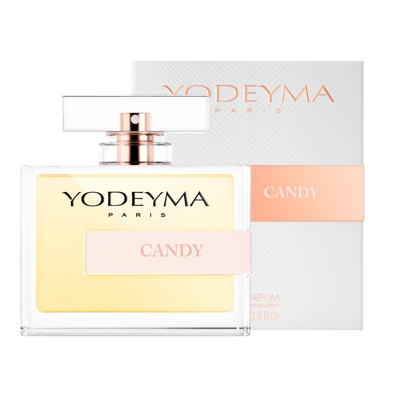 Frasco de perfume YODEYMA PARIS CANDY com líquido amarelo claro e caixa branca
