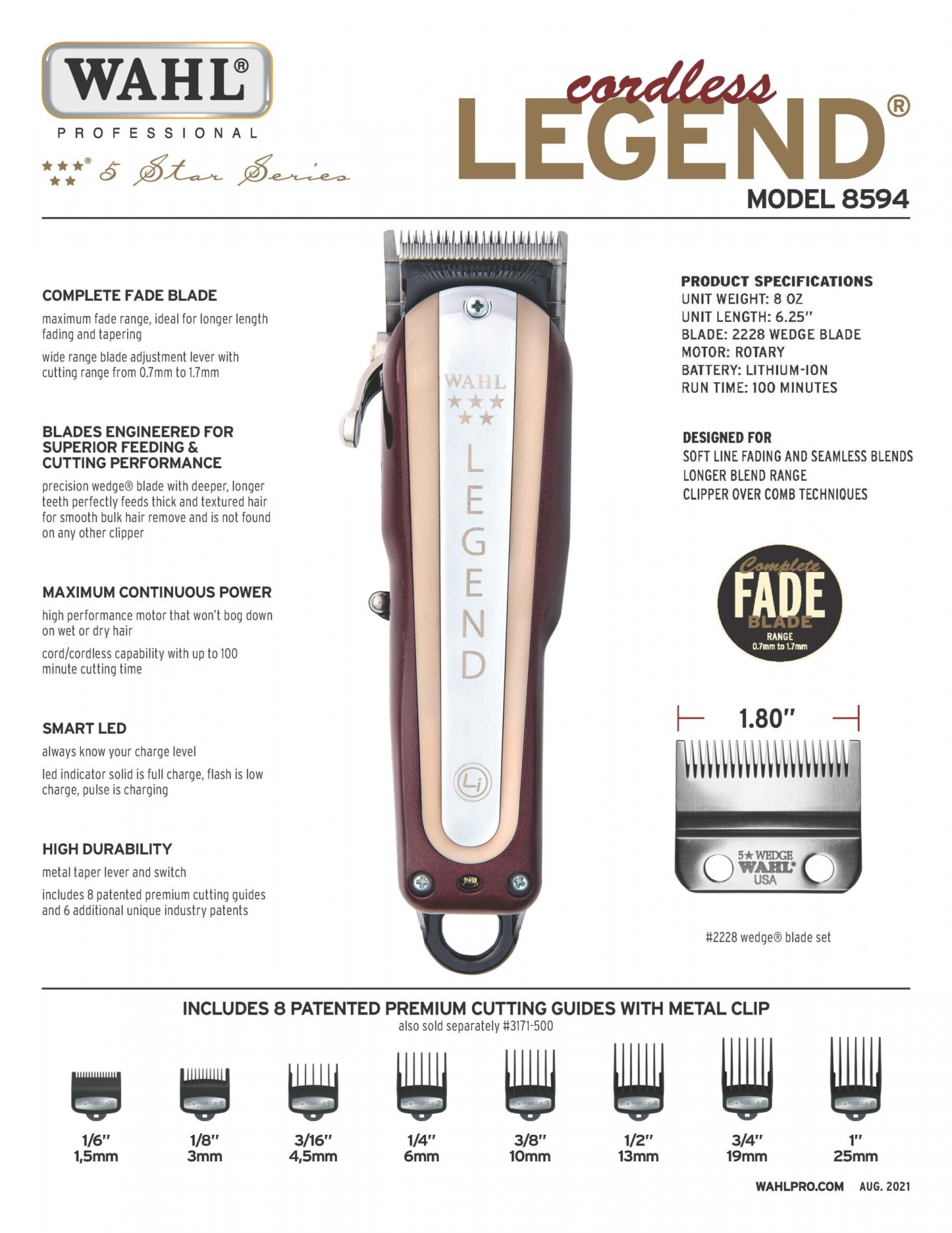 Máquina de cortar cabelo Wahl cordless Legend modelo 8594 com 8 pentes metálicos