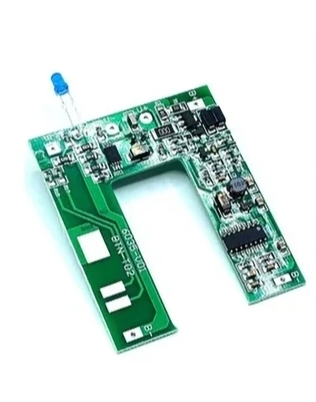 Placa de circuito impresso eletrónica verde com LED azul