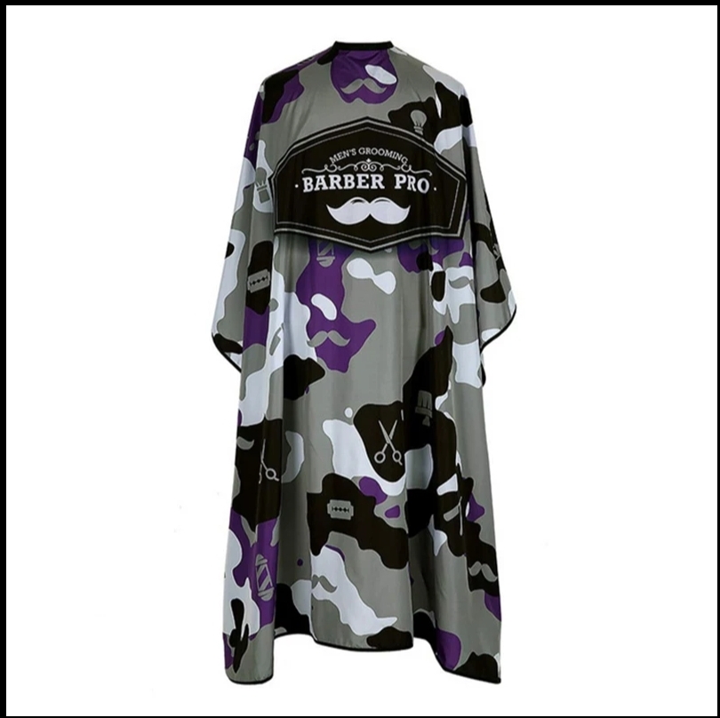 Capa de corte de cabelo camuflada cinza, preto, branco e roxo com texto Barber Pro