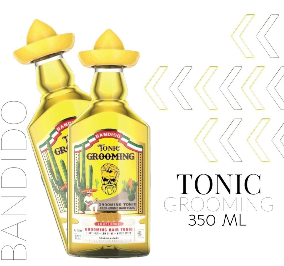 Garrafas amarelas de tónico para cabelo Bandido Grooming 350 ml com tampa e etiqueta decorativa