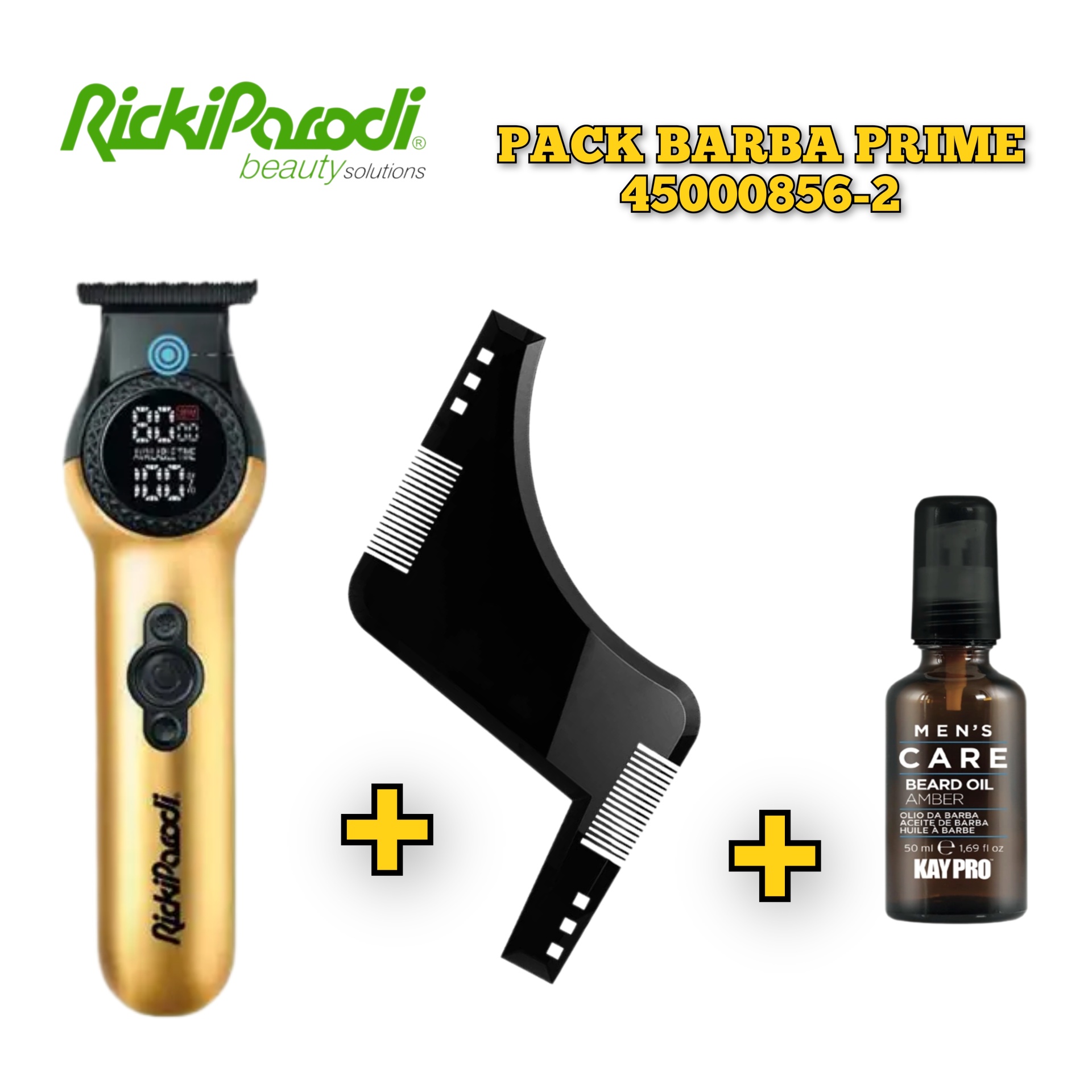 Pack para barba PRIME com aparador elétrico dourado, pente de barbear preto e óleo para barba em frasco de 50 ml