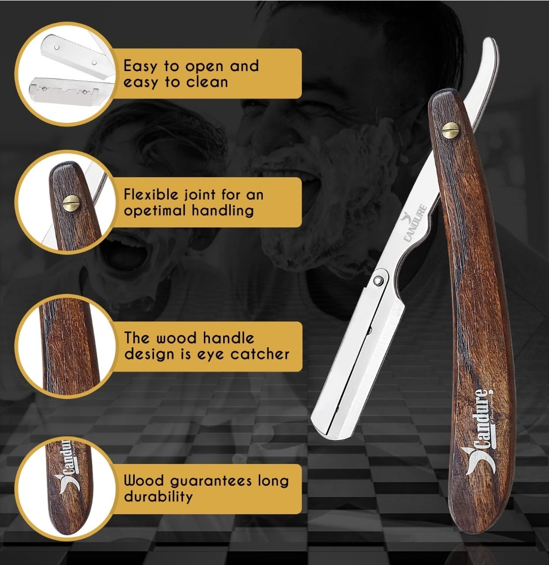 Navalha de barbear com cabo em madeira e texto em inglês sobre características