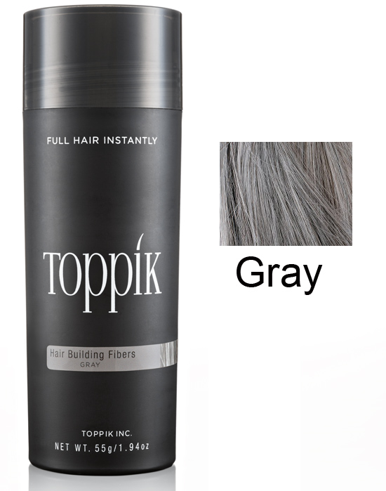 Frasco preto de fibras capilares Toppik cinza com amostra da cor cinzenta e texto descritivo.