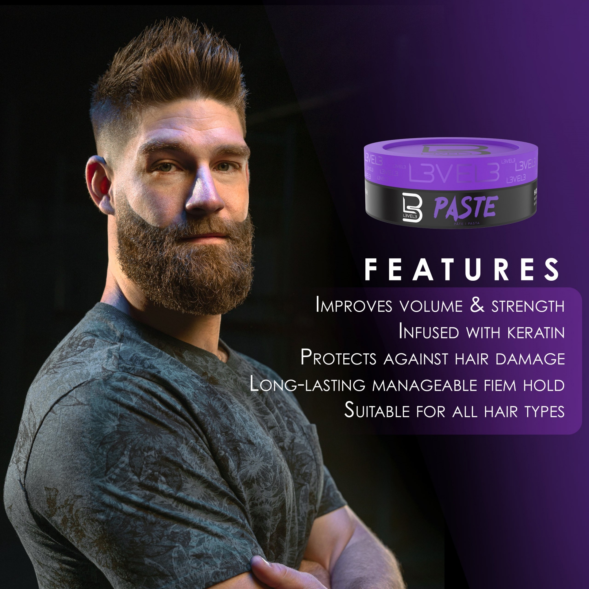 Homem com barba e pomada LBV Paste 3 para cabelo