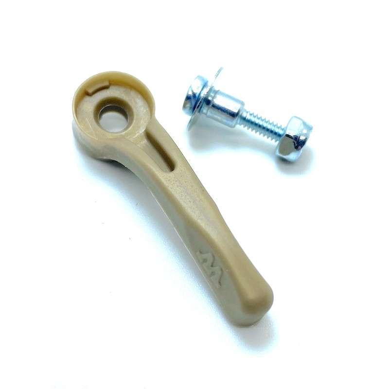 Alavanca bege em plástico com parafuso prateado e porca em fundo branco