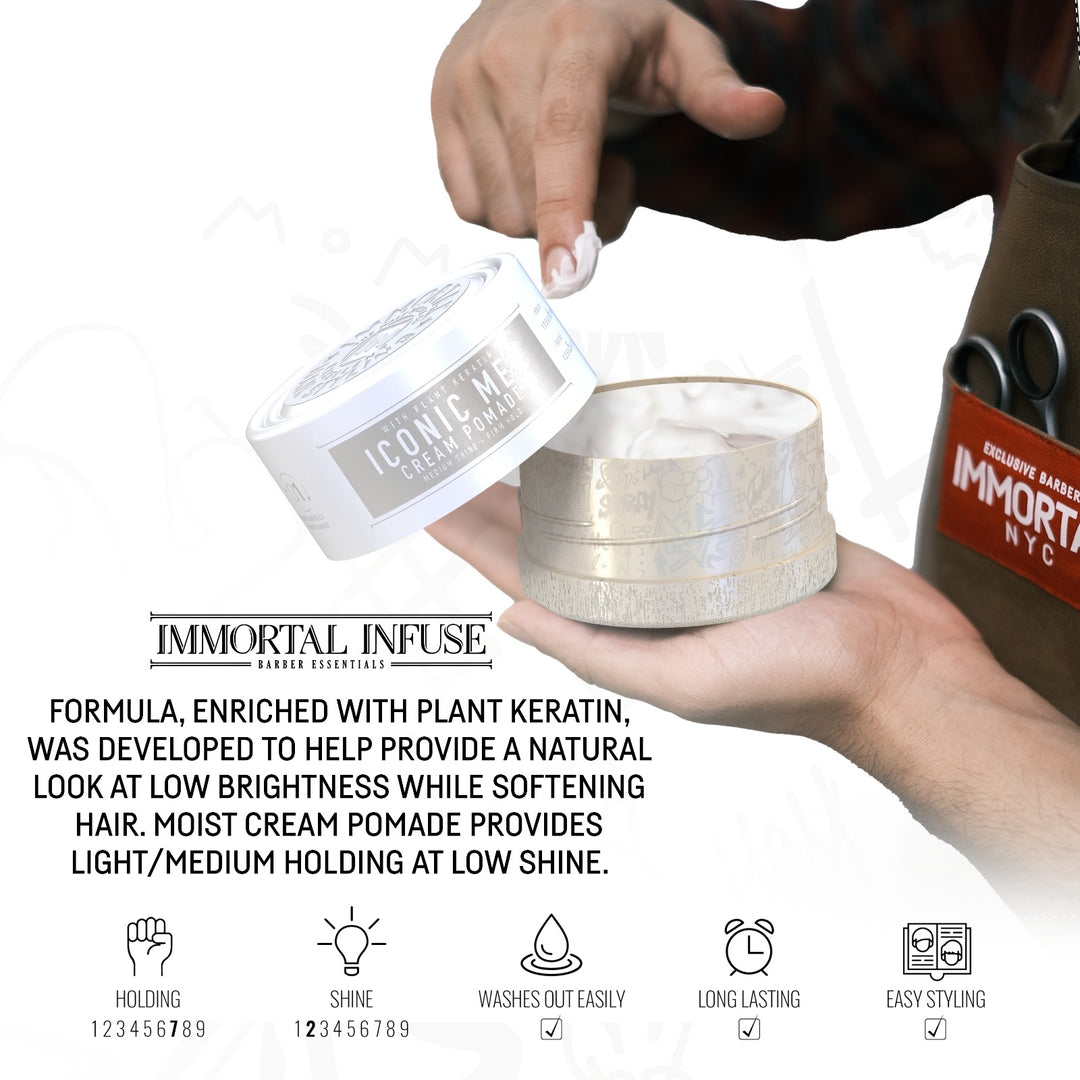 Pomada para cabelo ICONIC ME em frasco branco e cinzento com tampa removida