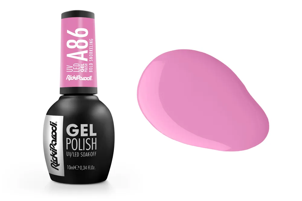 Esmalte gel de unhas rosa com frasco preto e tampa rosa